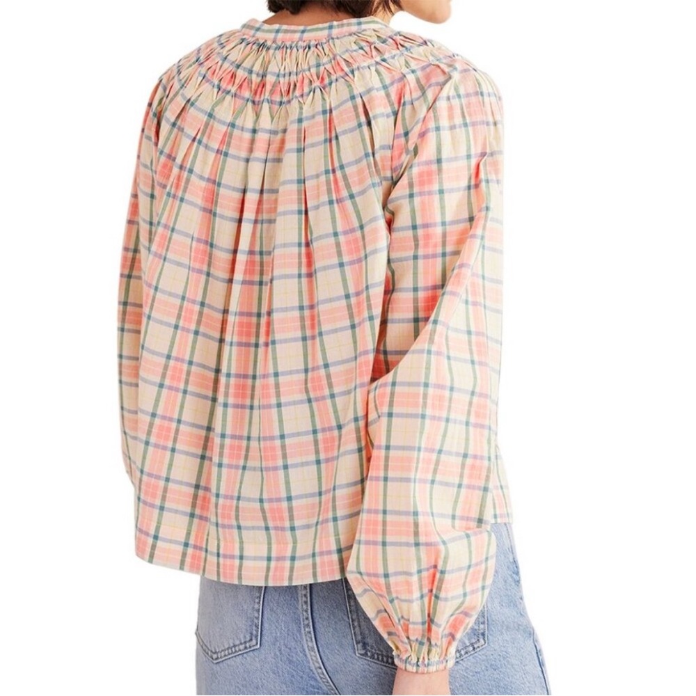 Boden Smocking Detail Blouse in Soft Ivory Pink Check - Picture 2 of 5